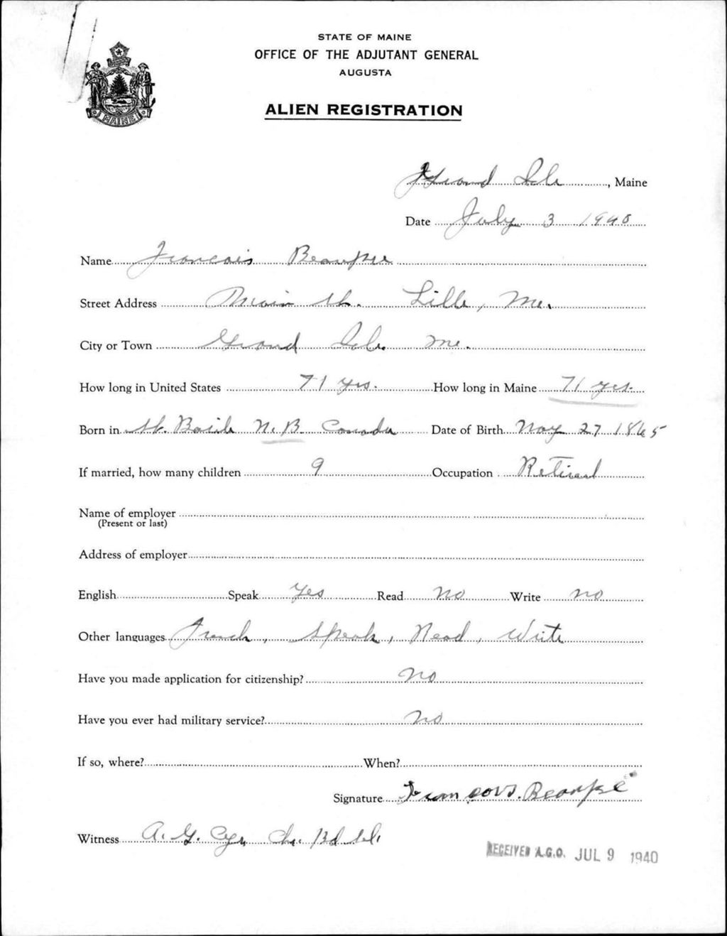 Miniature of Alien Registration- Beaupre, Francois (Fort Fairfield, Aroostook County)