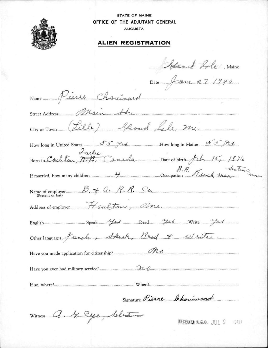 Miniature of Alien Registration- Chouinard, Pierre (Fort Fairfield, Aroostook County)