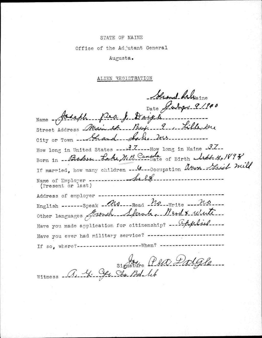 Miniature of Alien Registration- Daigle, Joseph P J. (Fort Fairfield, Aroostook County)
