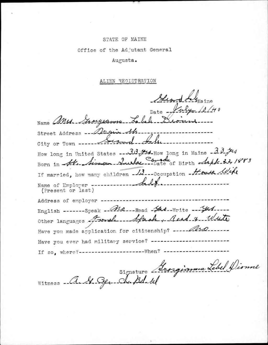 Miniature of Alien Registration- Dionne, Georgianna L. (Fort Fairfield, Aroostook County)