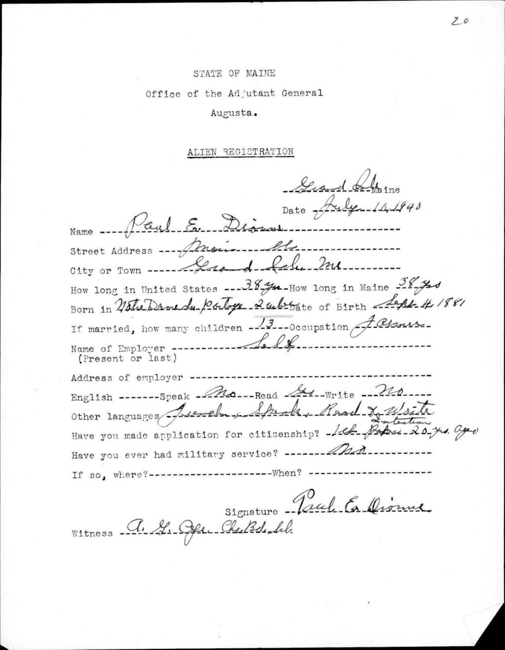 Miniature of Alien Registration- Dionne, Paul E. (Fort Fairfield, Aroostook County)