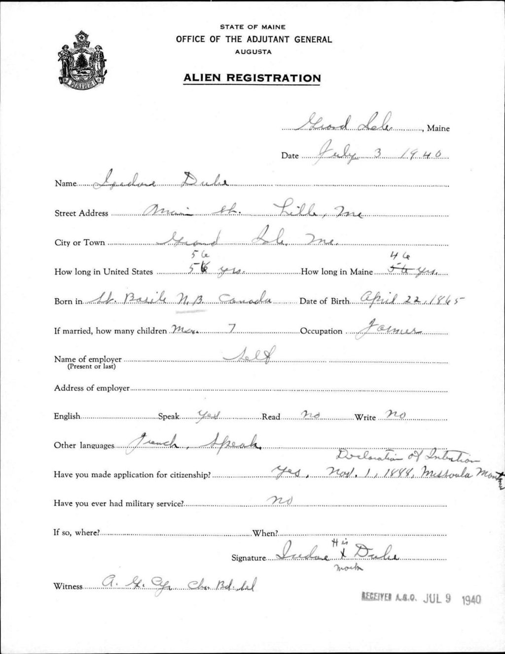 Miniature of Alien Registration- Dube, Jardine (Fort Fairfield, Aroostook County)