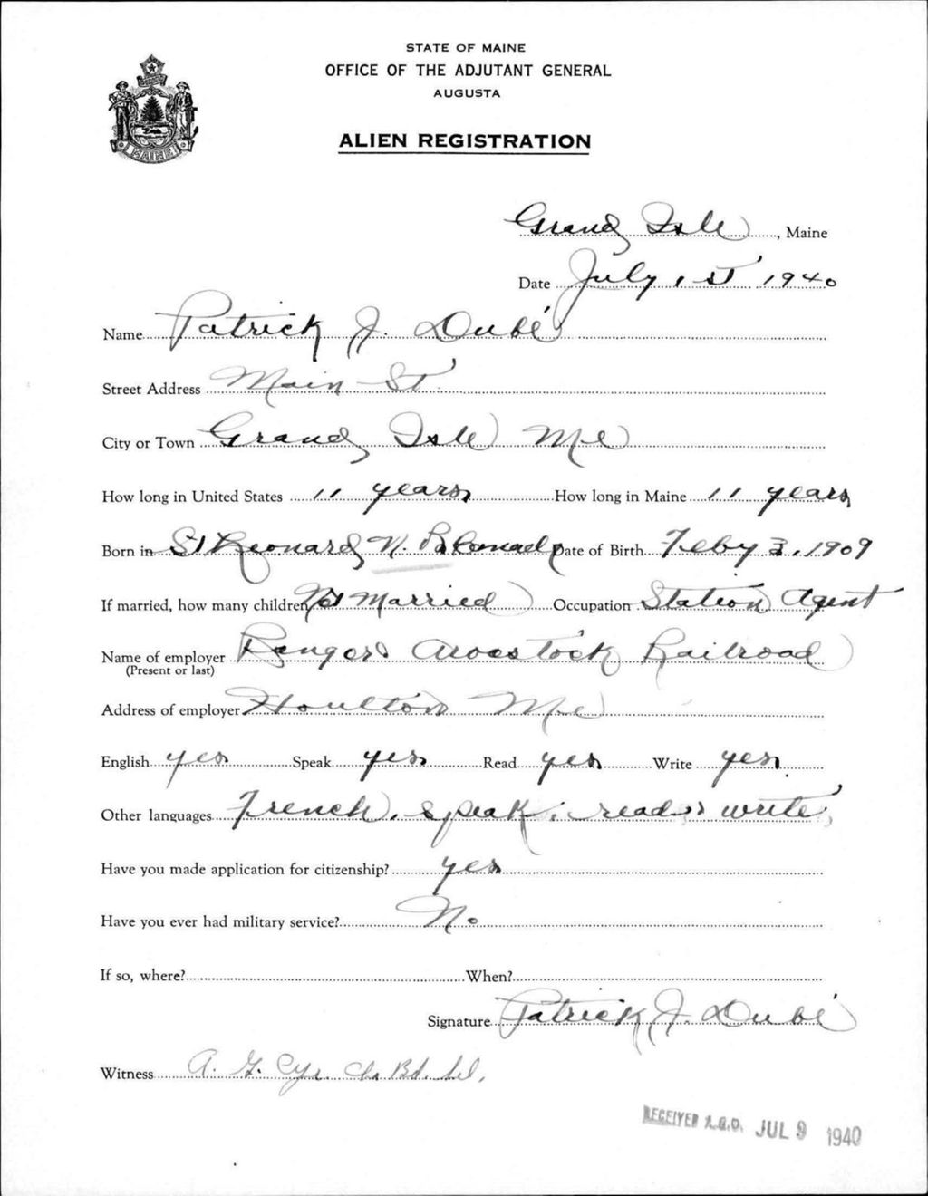 Miniature of Alien Registration- Dube, Patrick J. (Fort Fairfield, Aroostook County)
