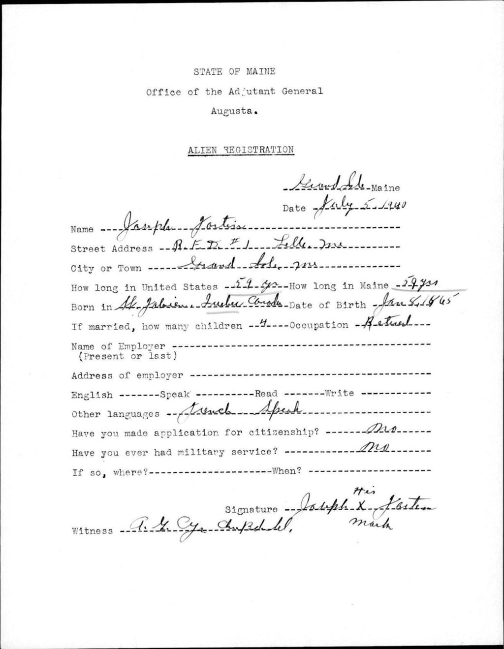 Miniature of Alien Registration- Fortin, Joseph (Fort Fairfield, Aroostook County)