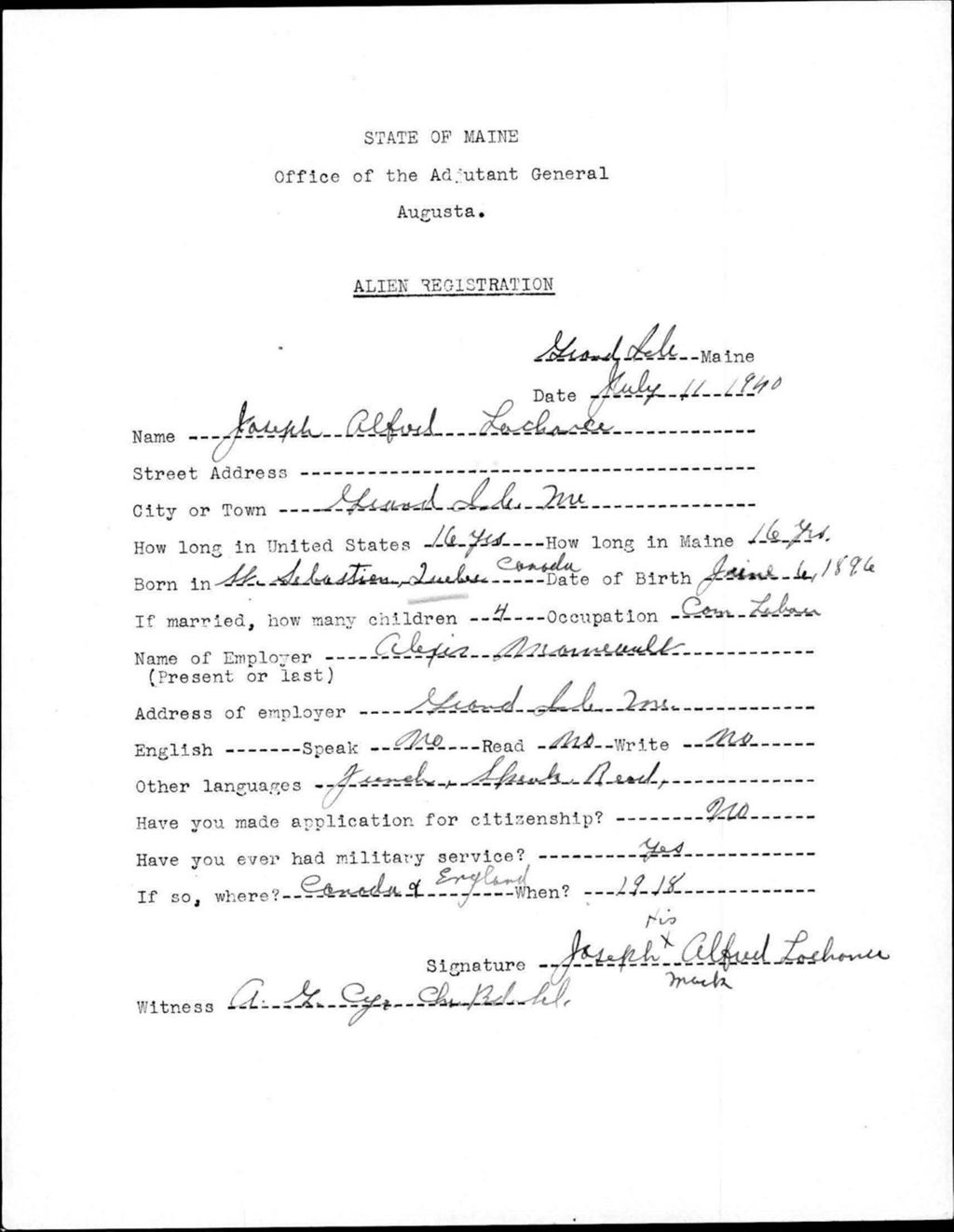 Miniature of Alien Registration- Lachance, Joseph A. (Fort Fairfield, Aroostook County)