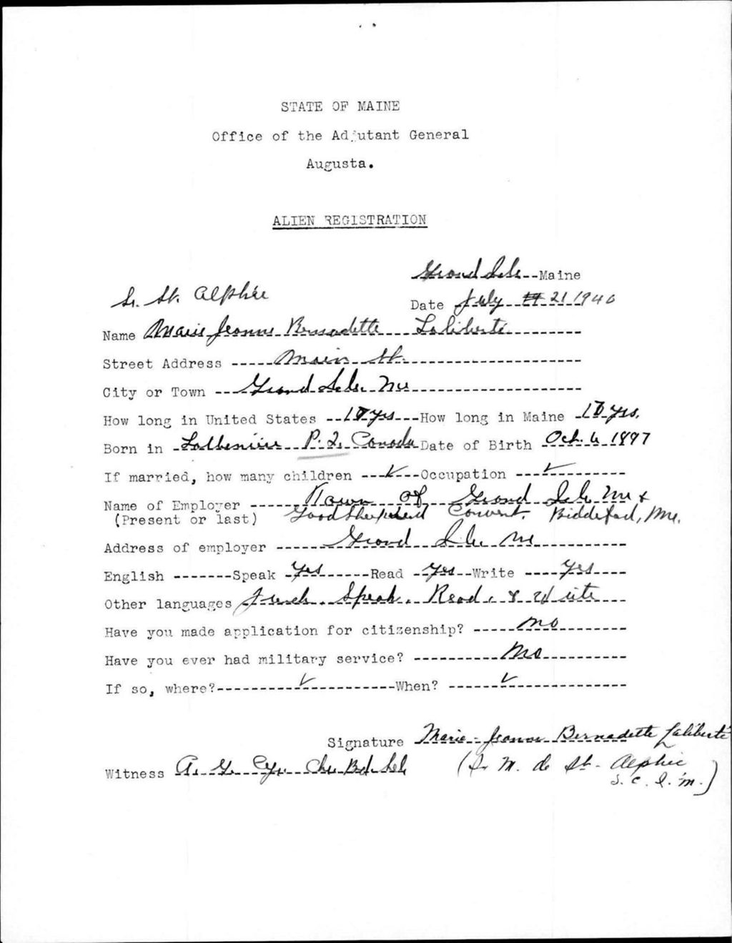 Miniature of Alien Registration- Laliberte, Marie-Jeanne B. (Fort Fairfield, Aroostook County)