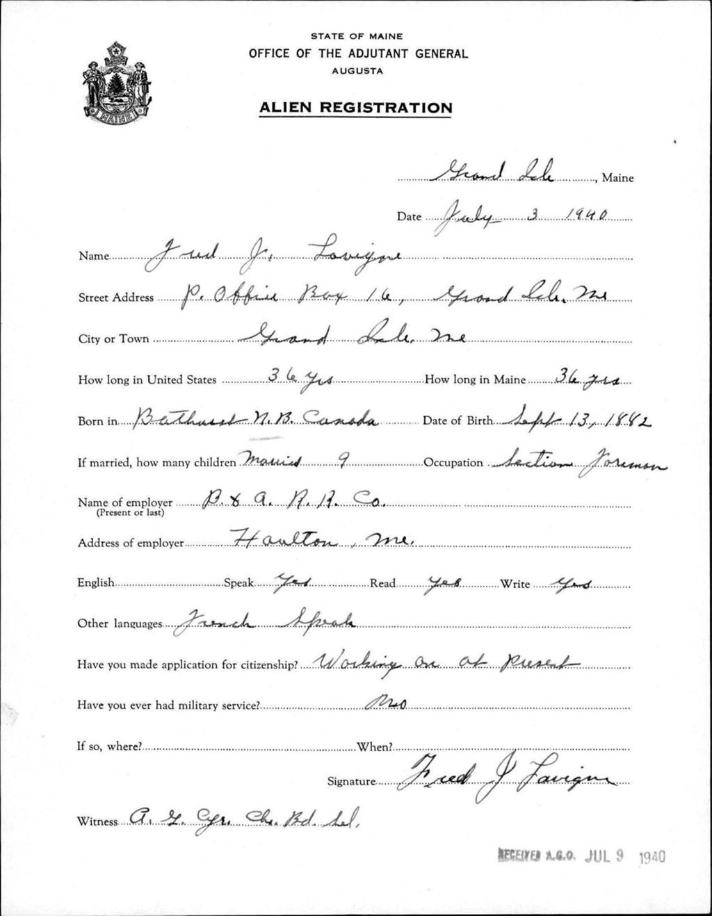 Miniature of Alien Registration- Lovigne, Fred J. (Fort Fairfield, Aroostook County)