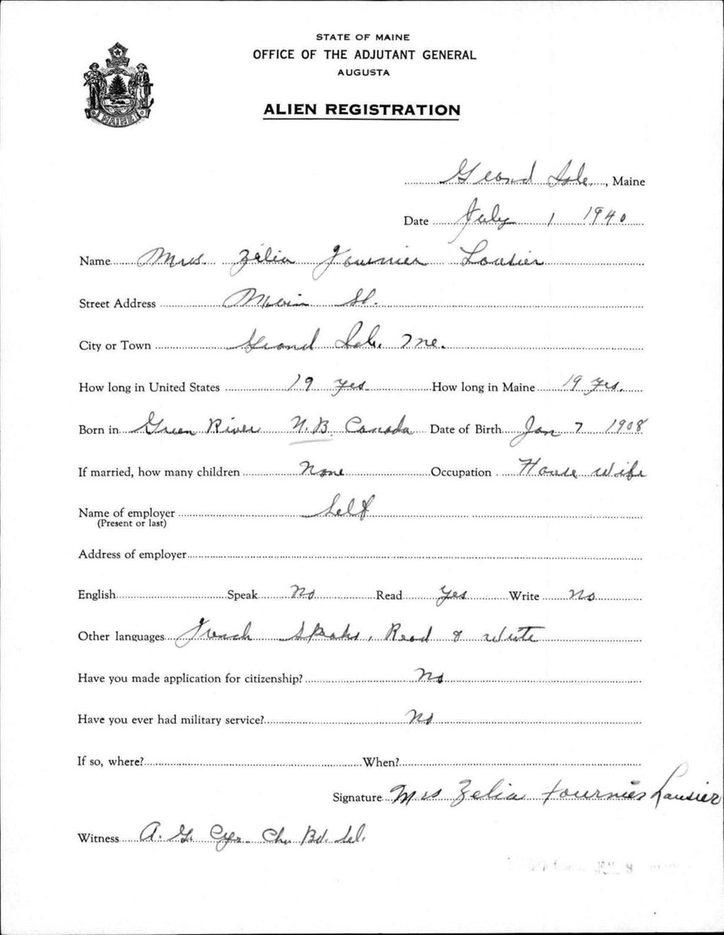 Miniature of Alien Registration- Fournier, Zelia (Fort Fairfield, Aroostook County)