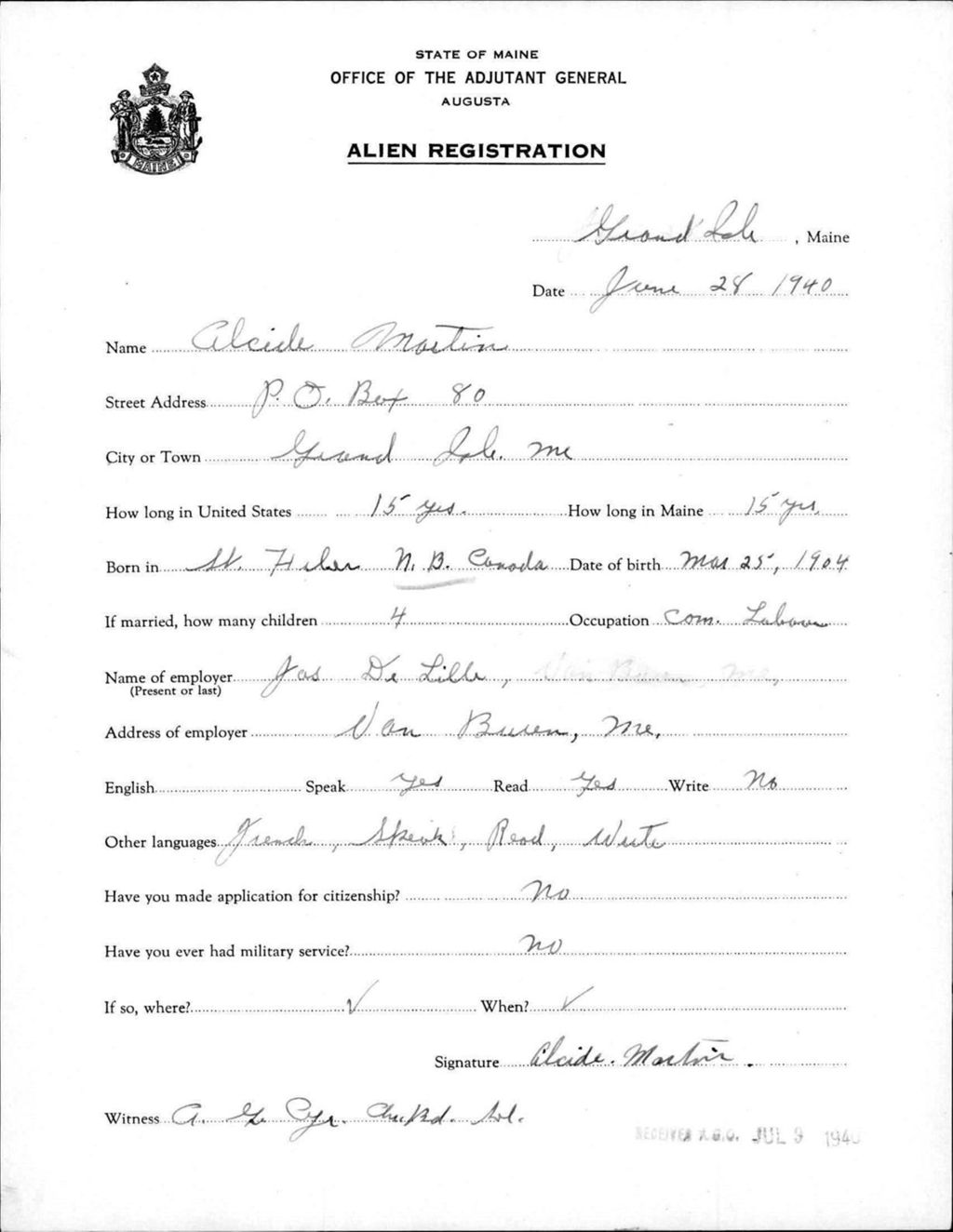 Miniature of Alien Registration- Martin, Alcide (Fort Fairfield, Aroostook County)