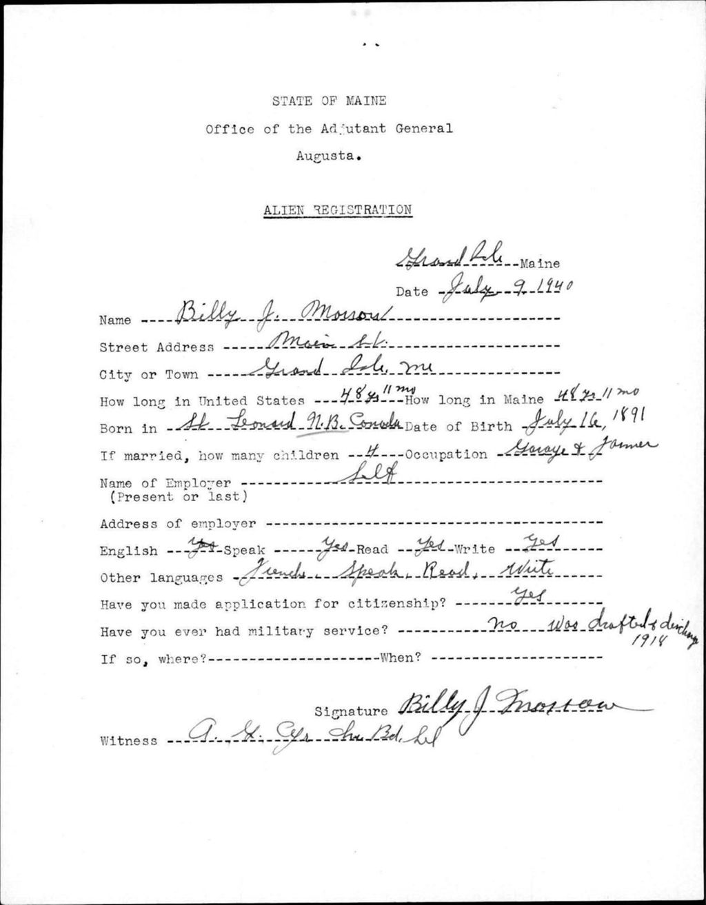 Miniature of Alien Registration- Morrow, Billy J. (Fort Fairfield, Aroostook County)