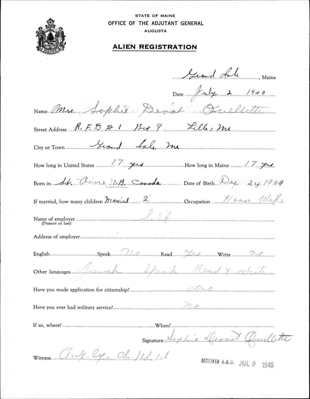 Miniature of Alien Registration- Devost Ouellette, Sophie (Fort Fairfield, Aroostook County)