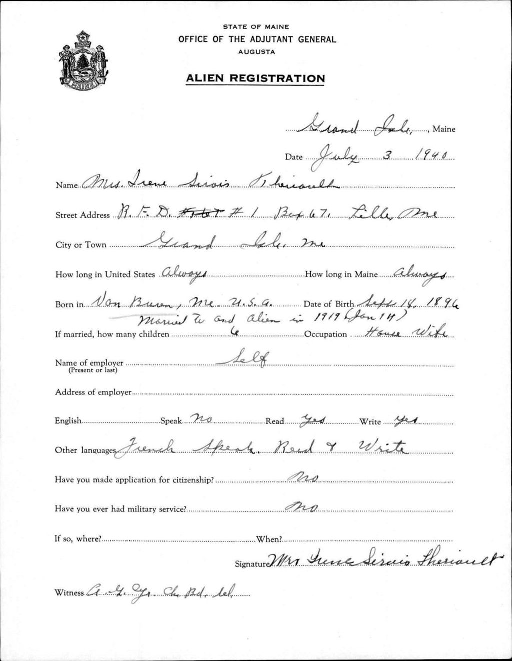 Miniature of Alien Registration- Sirois, Irene (Fort Fairfield, Aroostook County)