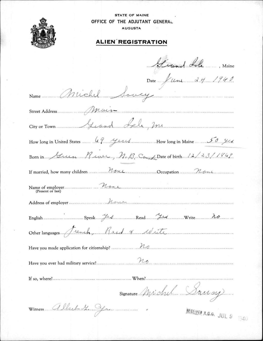 Miniature of Alien Registration- Soucy, Michel (Fort Fairfield, Aroostook County)