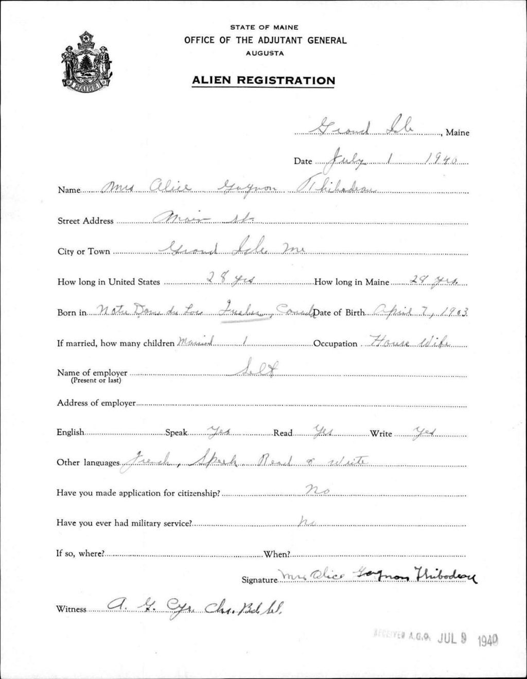 Miniature of Alien Registration- Gagnon, Alice (Fort Fairfield, Aroostook County)