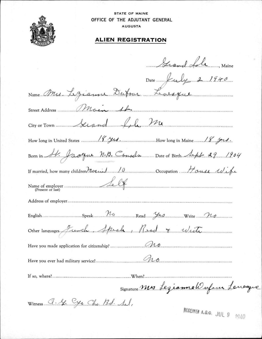 Miniature of Alien Registration- Dufour, Lizianne (Fort Fairfield, Aroostook County)