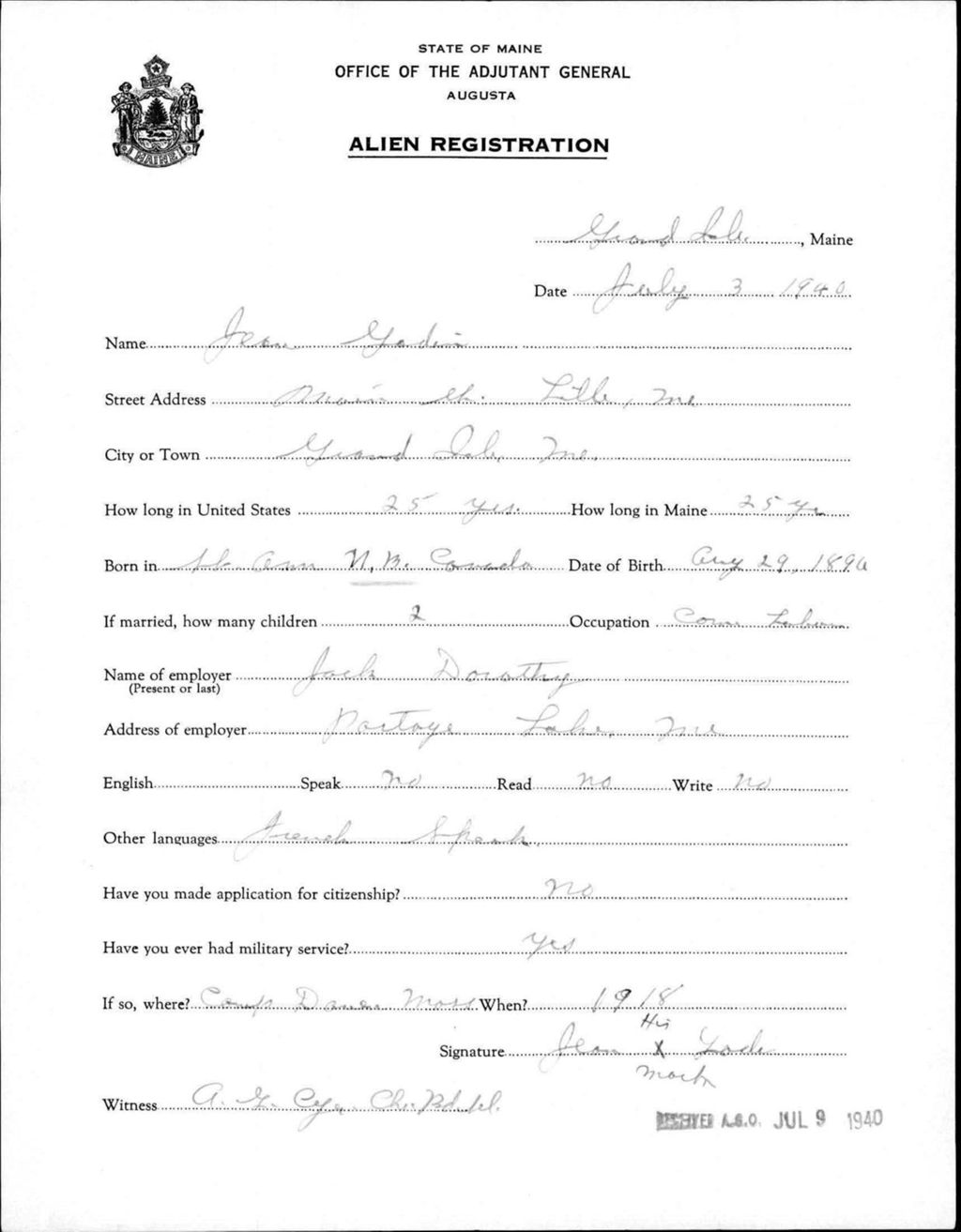 Miniature of Alien Registration- Godin, Jean (Fort Fairfield, Aroostook County)