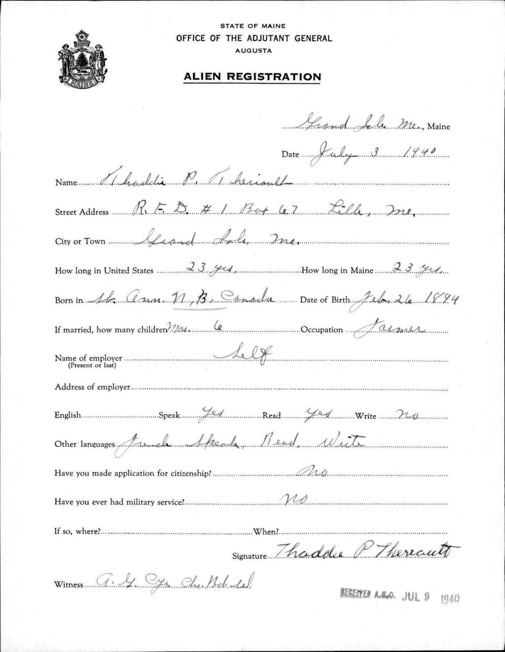 Miniature of Alien Registration- Theriault, Thaddre P. (Fort Fairfield, Aroostook County)