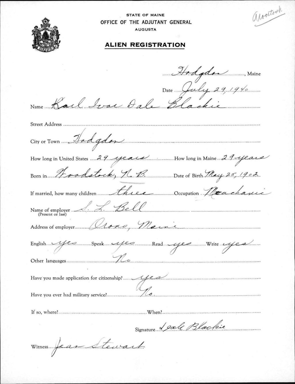 Miniature of Alien Registration- Blackie, Karl I D. (Hodgdon, Aroostook County)