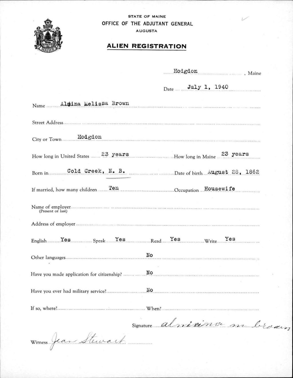 Miniature of Alien Registration- Brown, Almina M. (Hodgdon, Aroostook County)