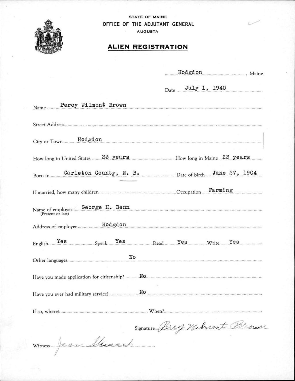Miniature of Alien Registration- Brown, Percy W. (Hodgdon, Aroostook County)