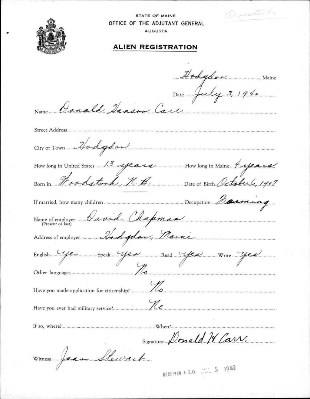 Miniature of Alien Registration- Case, Donald H. (Hodgdon, Aroostook County)