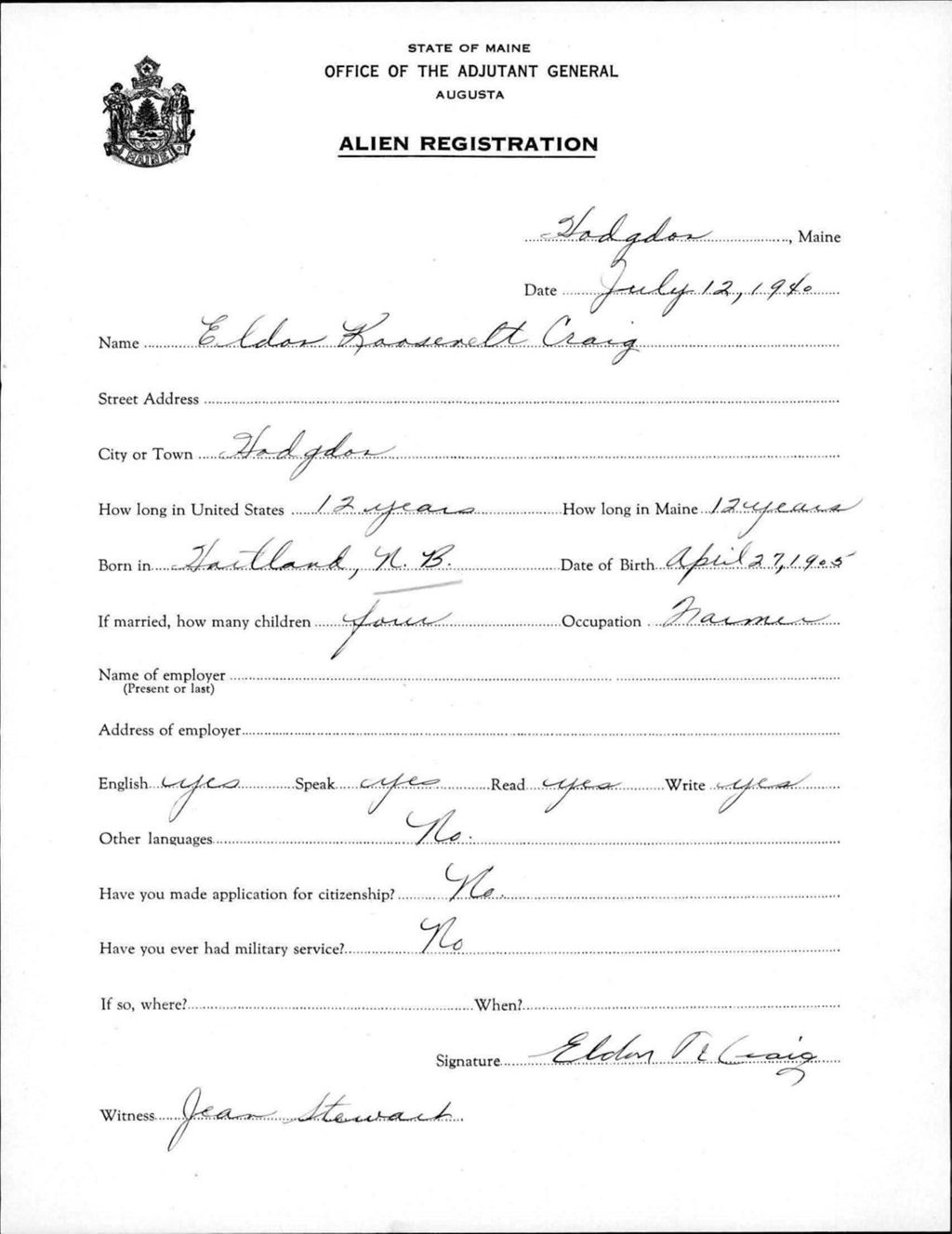 Miniature of Alien Registration- Craig, Eldon K. (Fort Fairfield, Aroostook County)