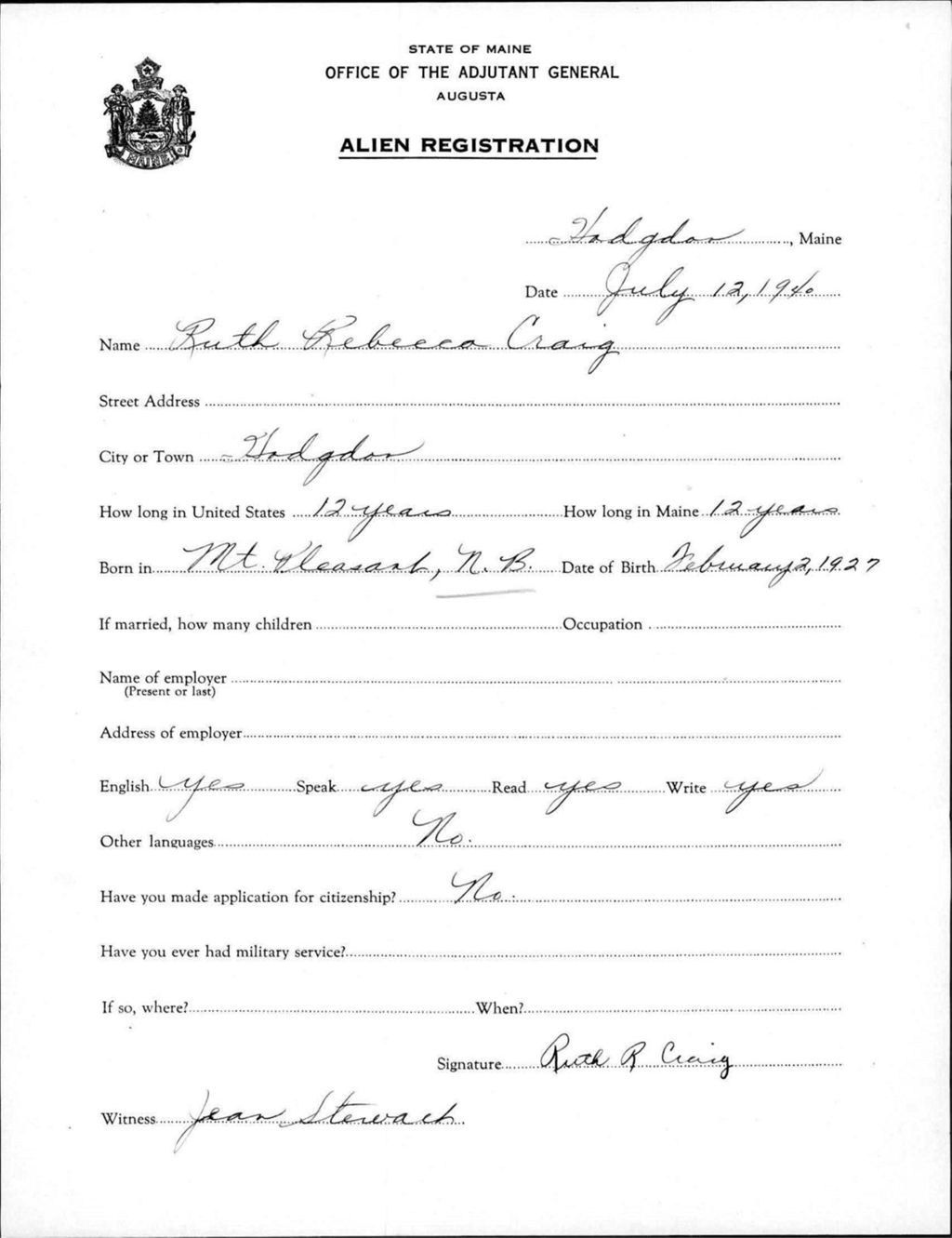 Miniature of Alien Registration- Craig, Ruth R. (Fort Fairfield, Aroostook County)