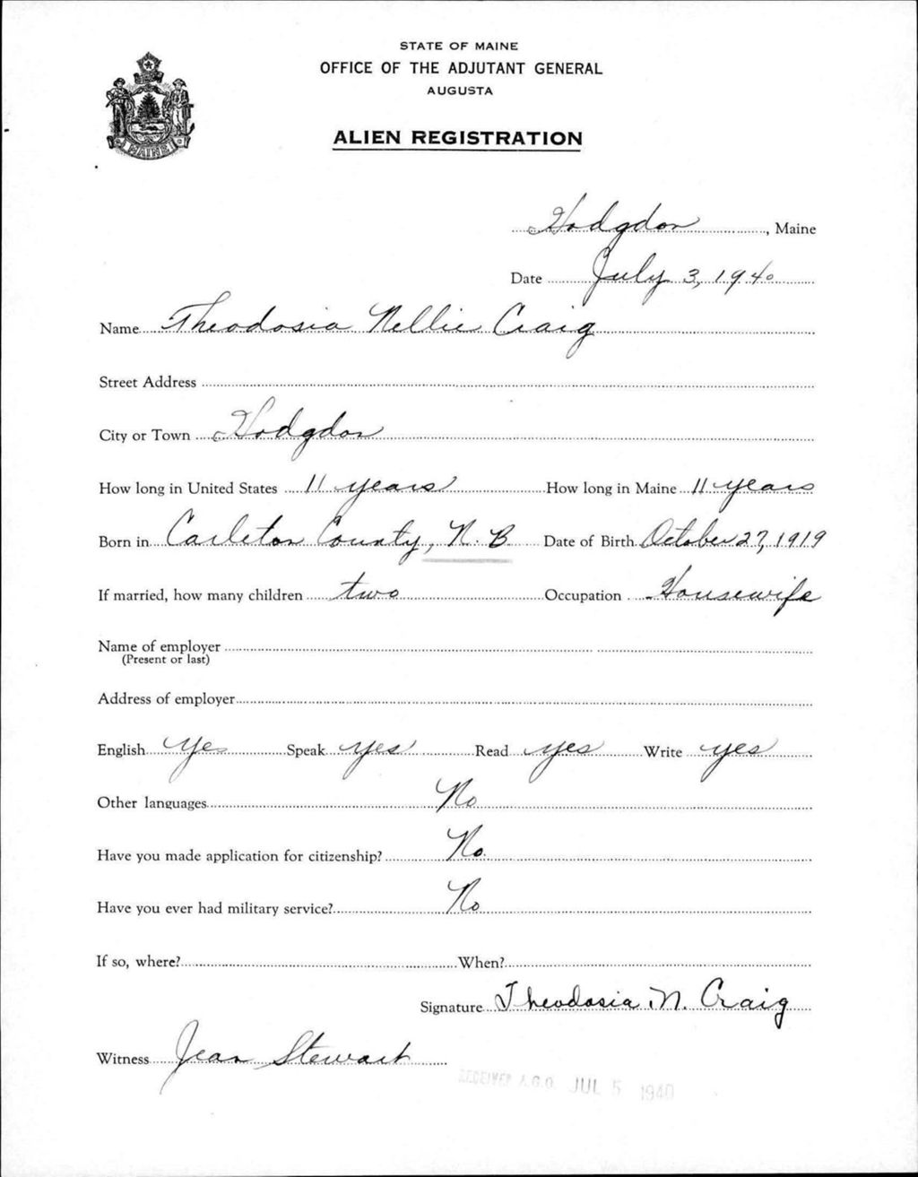 Miniature of Alien Registration- Craig, Theodosia N. (Fort Fairfield, Aroostook County)