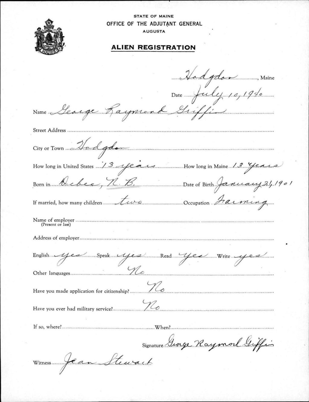 Miniature of Alien Registration- Griffin, George R. (Fort Fairfield, Aroostook County)
