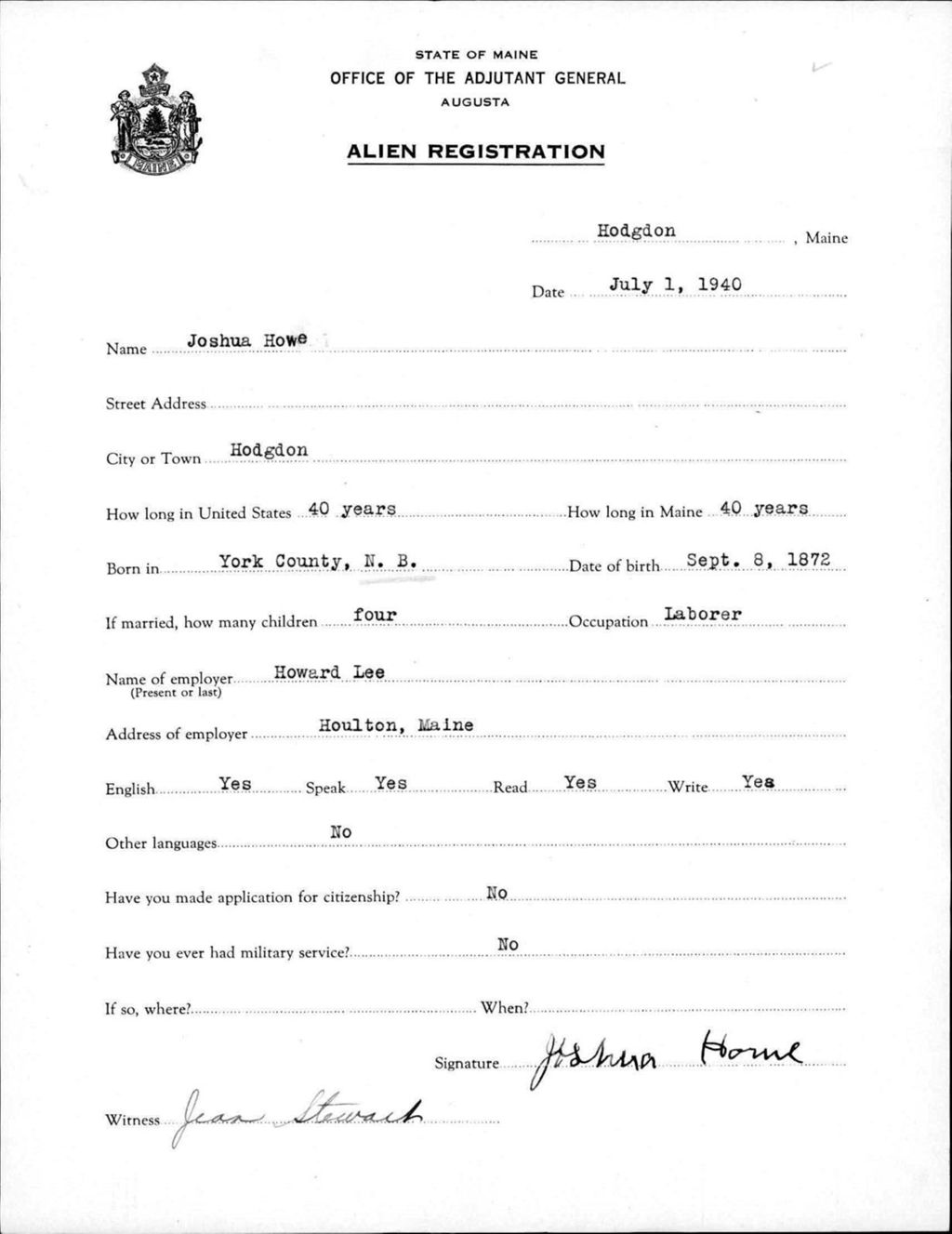 Miniature of Alien Registration- Howe, Joshua (Fort Fairfield, Aroostook County)
