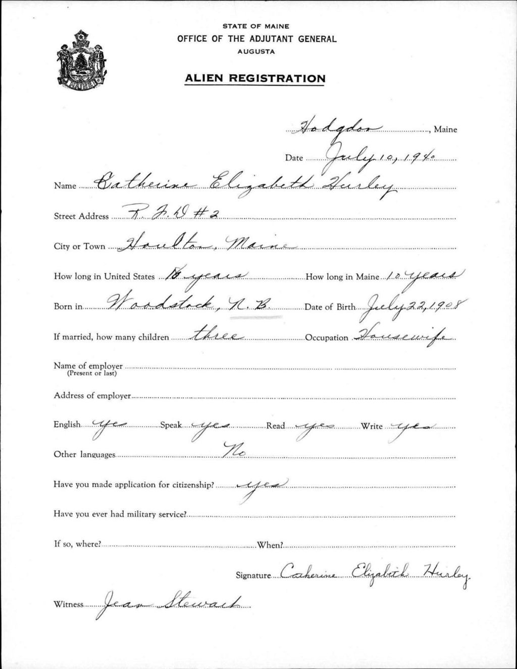 Miniature of Alien Registration- Hurley, Catherine E. (Fort Fairfield, Aroostook County)