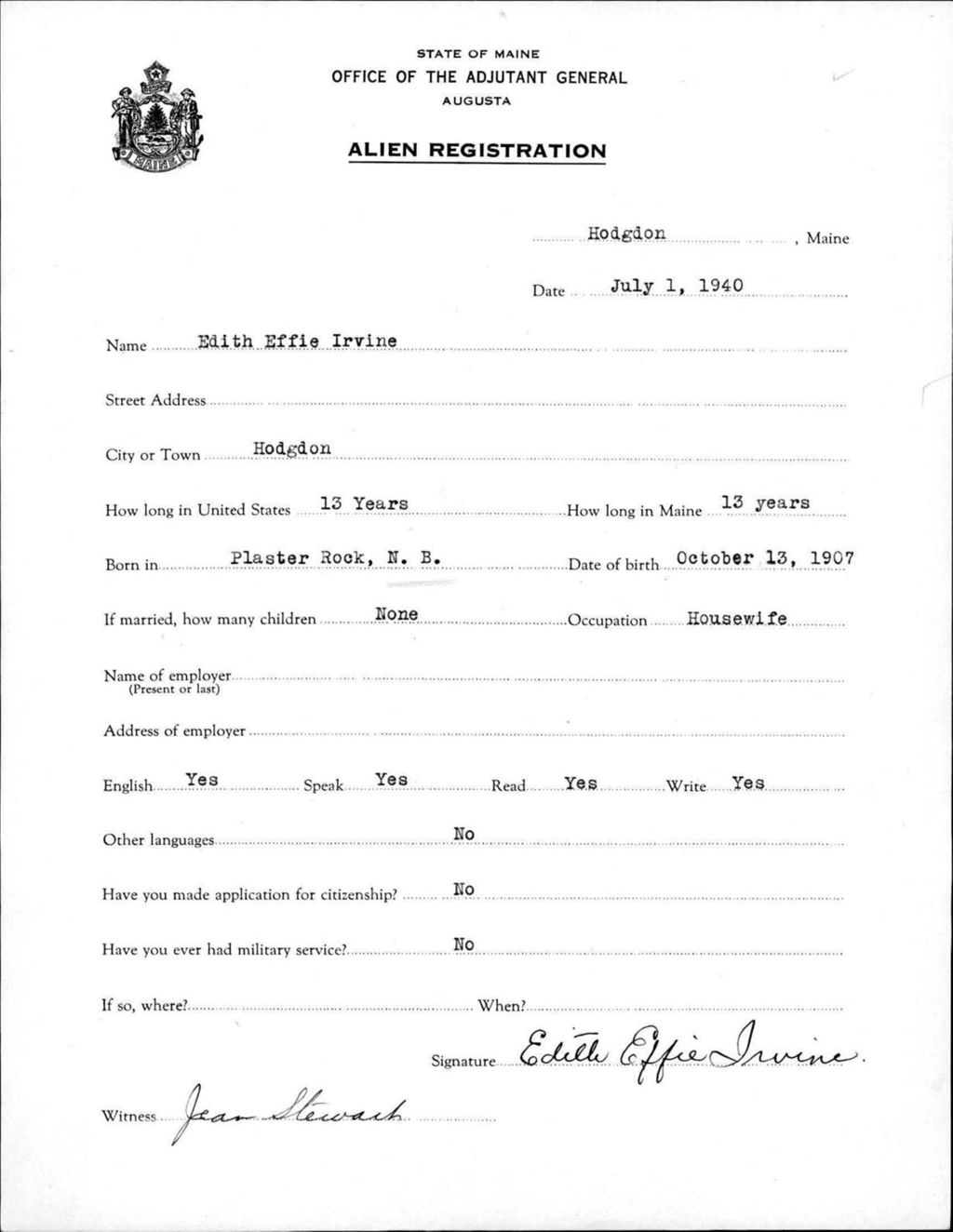 Miniature of Alien Registration- Irvine, Edith E. (Fort Fairfield, Aroostook County)