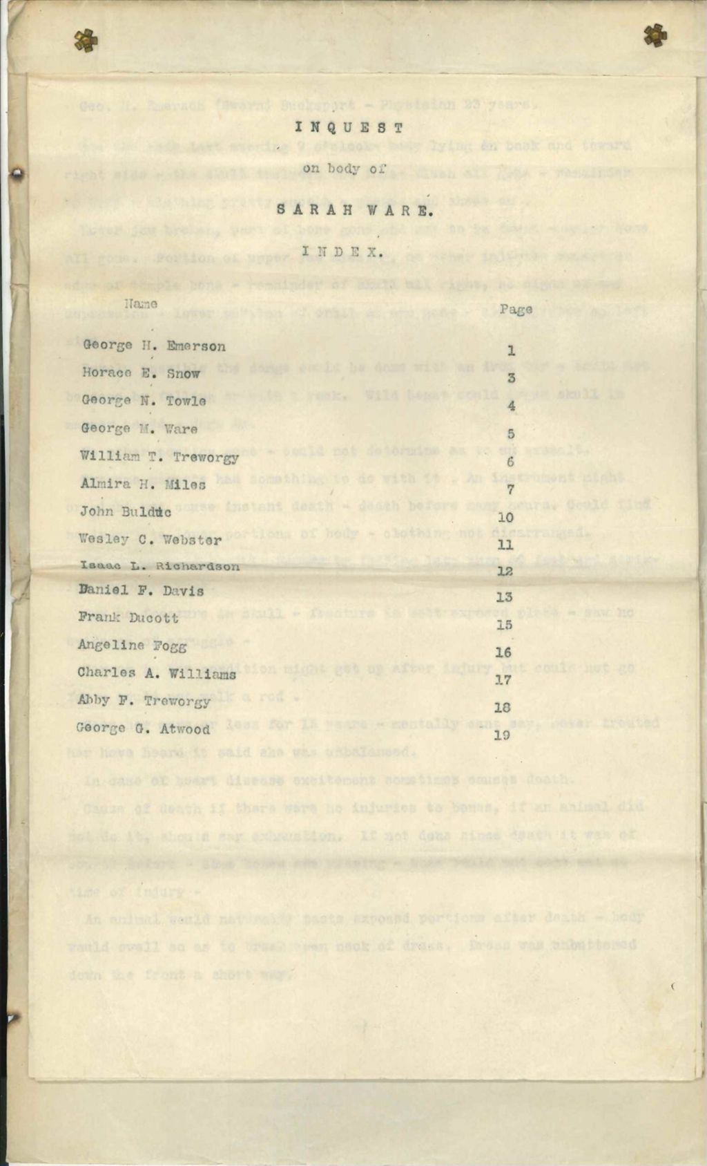 Miniature of Sarah Ware 1898 Coroner Inquest-typed testimony