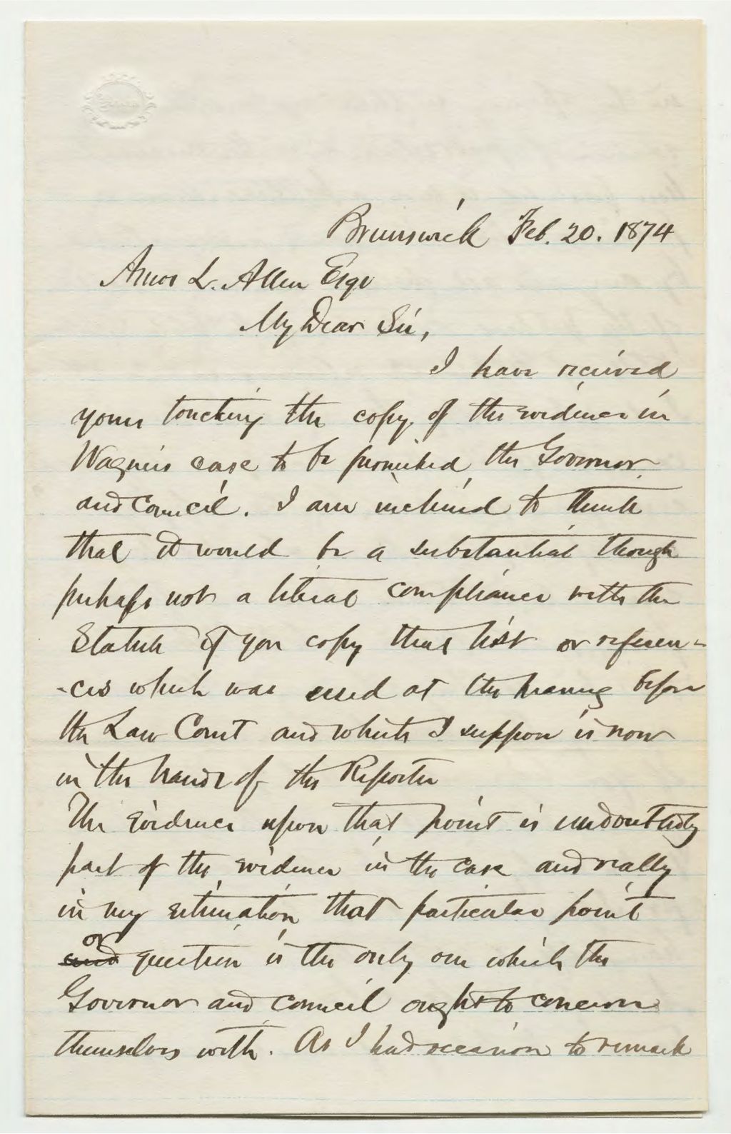 Miniature of Brunswick letter from William Barrows to Amos L. Allen