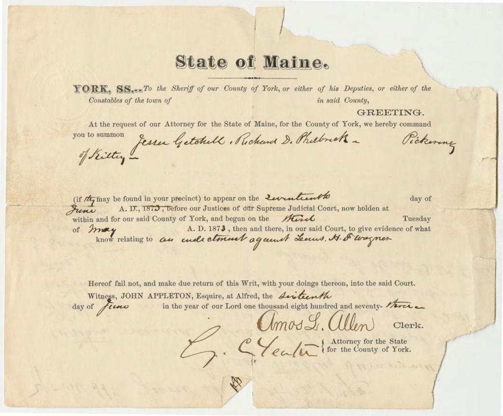 Miniature of County of York Summons for Getchell, Philbrook, Pickering