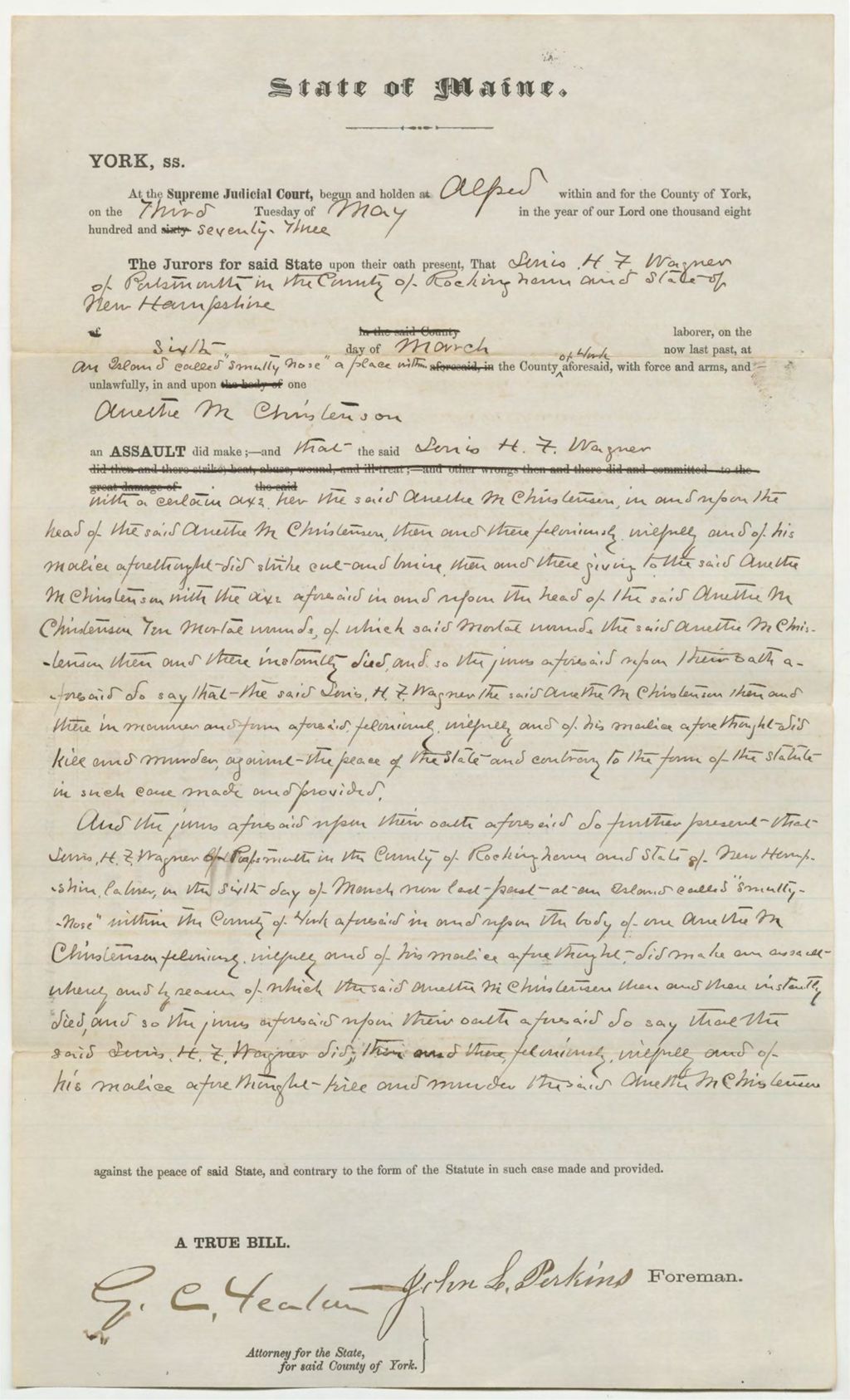 Miniature of State of Maine v. Louis Wagner Indictment