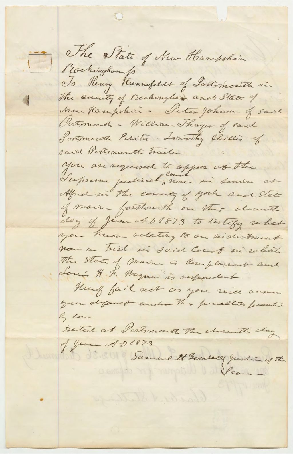 Miniature of New Hampshire Summons for Henry Hennifelds, Peter Johnson, William Thayer, Timothy Chillis
