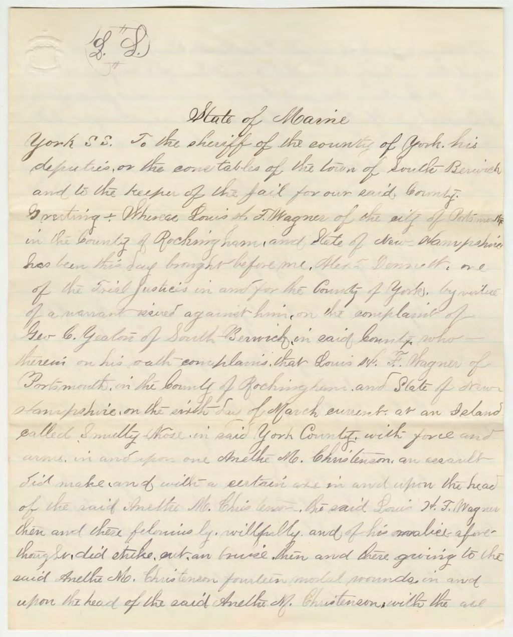 Miniature of Trial Justice Alex Dennett letter to convey Wagner to Alfred Jail