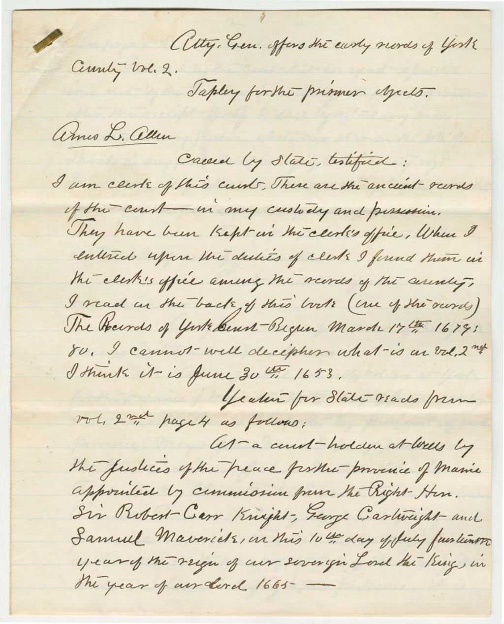 Miniature of Amos L. Allen testimony on jurisdiction of Smutty Nose Island