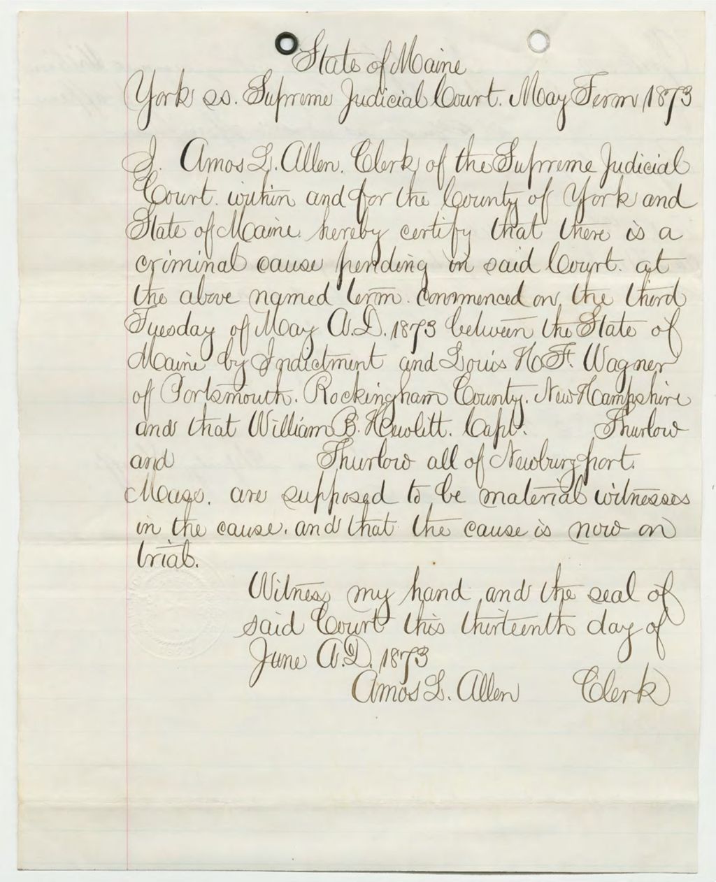 Miniature of Amos L. Allen certifies criminal case against Louis Wagner