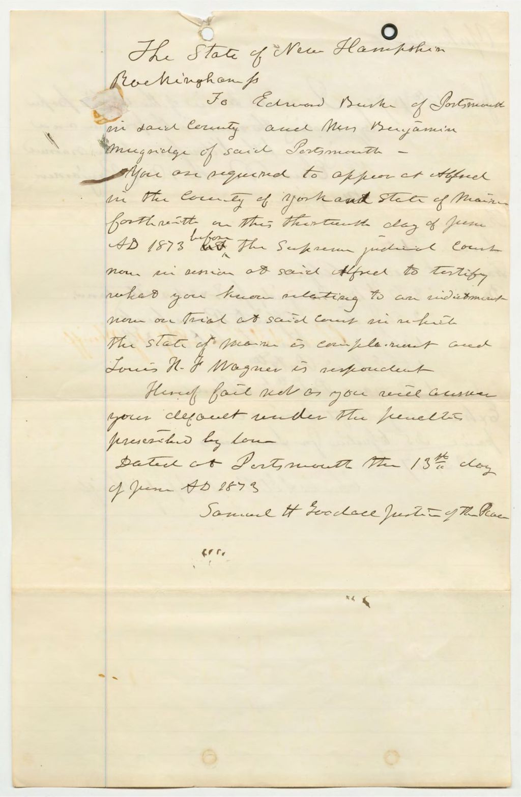 Miniature of State of New Hampshire to Edward Burk