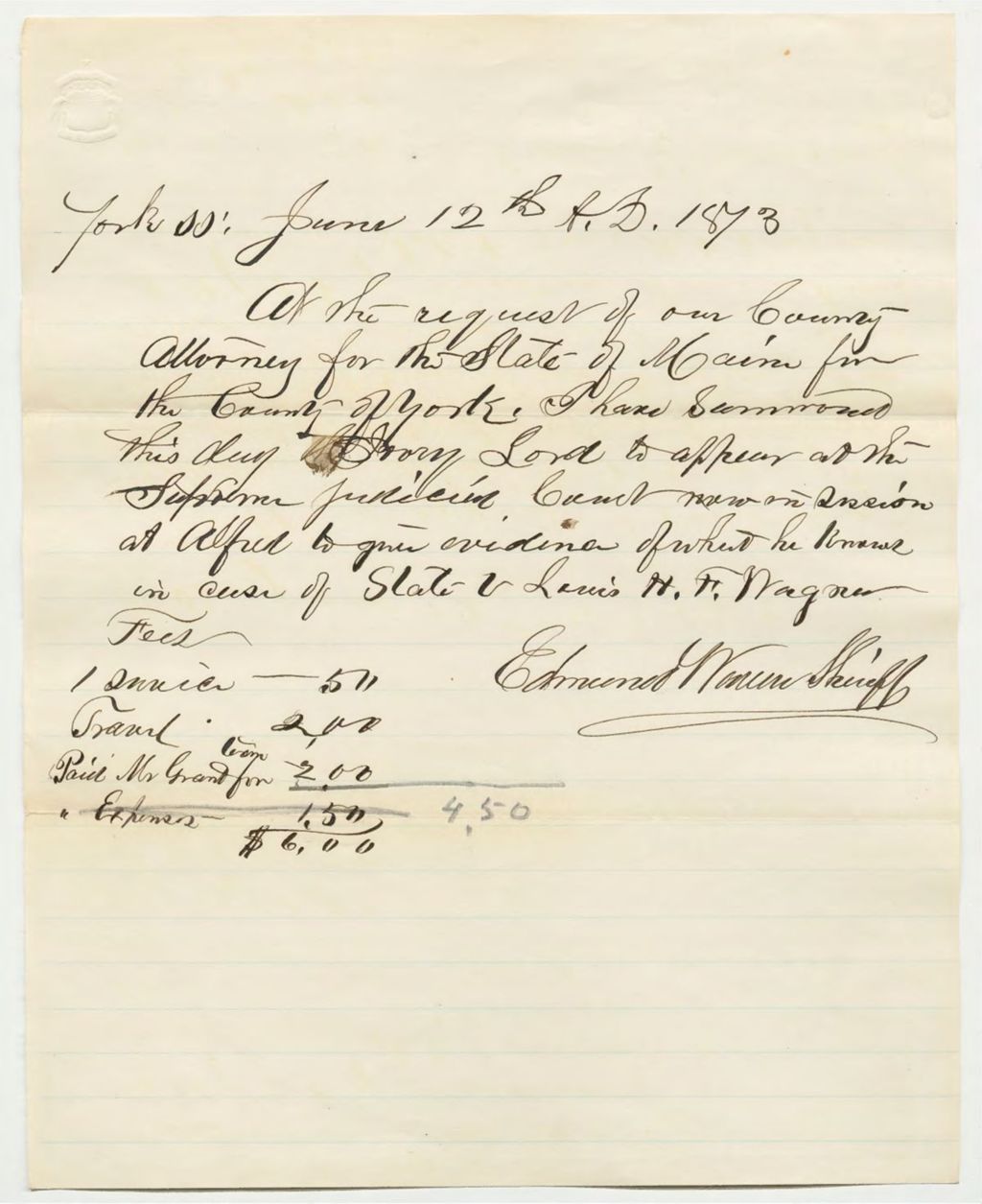 Miniature of York county summons for Lord