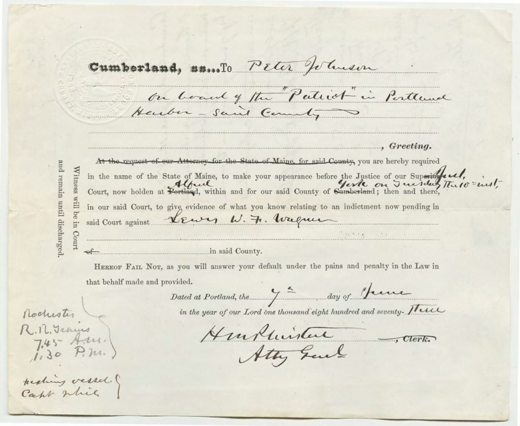 Miniature of York County witness summons for Peter Johnson