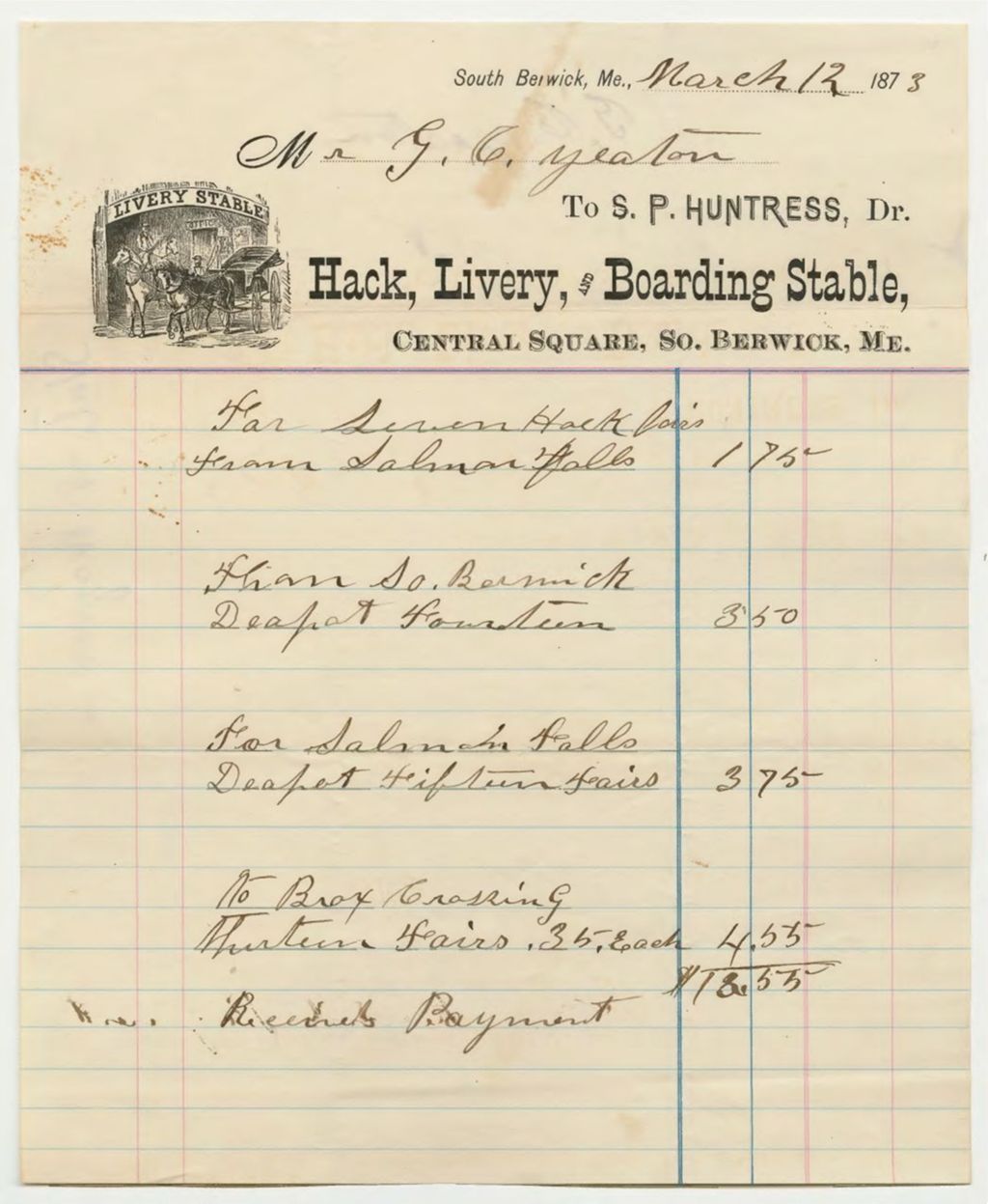Miniature of So. Brunswick stable receipt