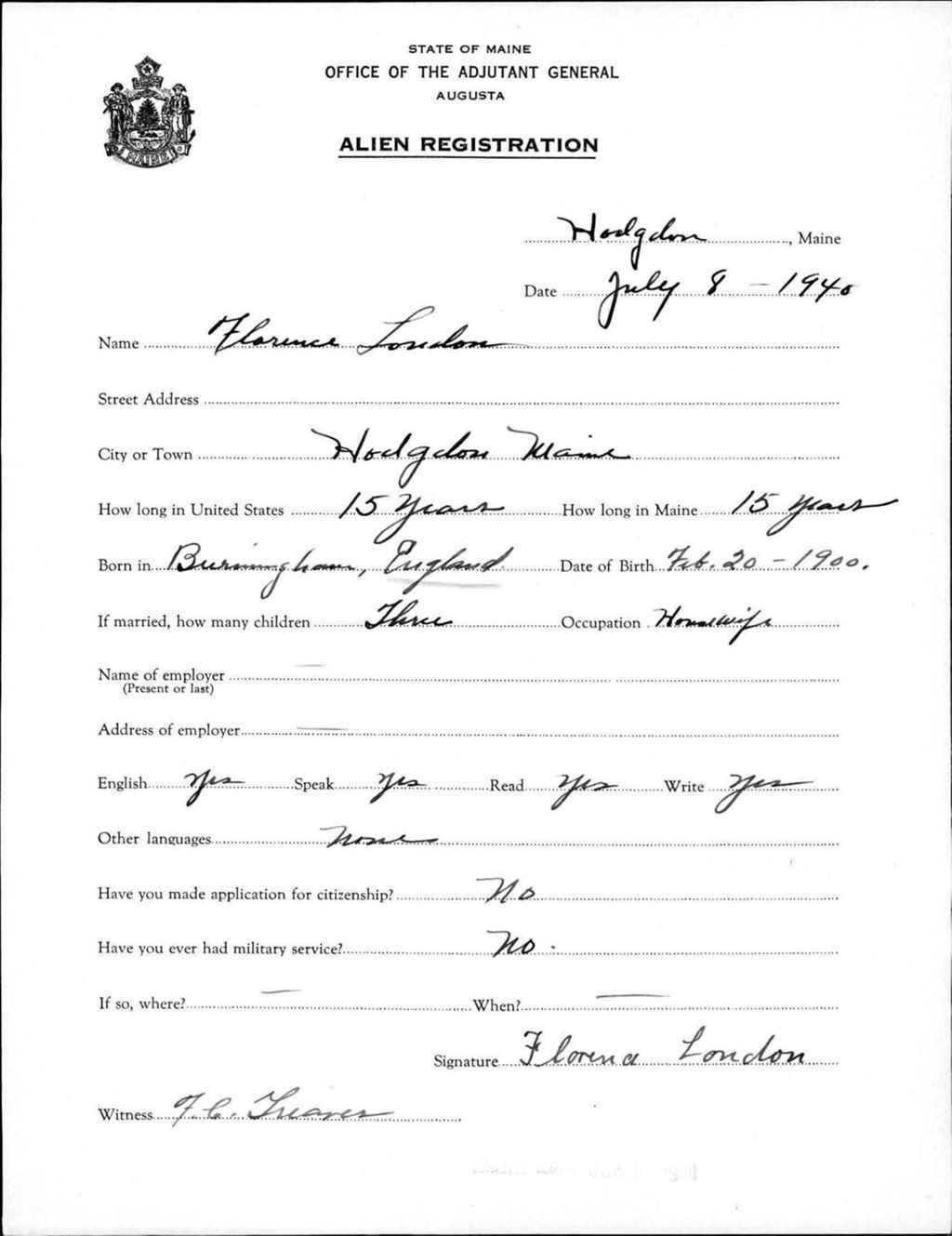 Miniature of Alien Registration- London, Florence (Fort Fairfield, Aroostook County)