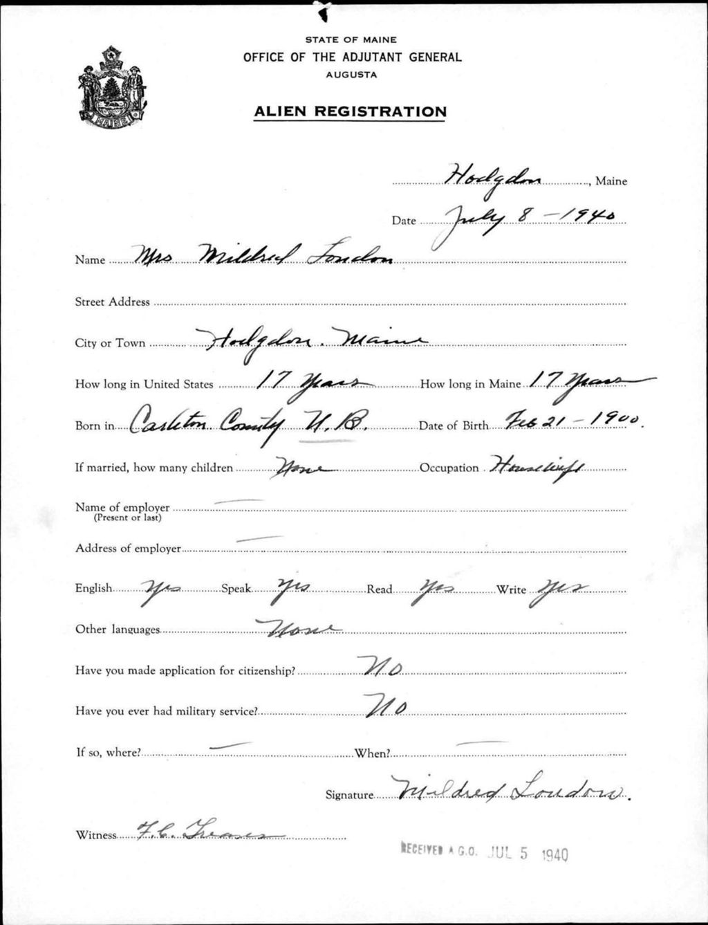 Miniature of Alien Registration- London, Mildred (Fort Fairfield, Aroostook County)