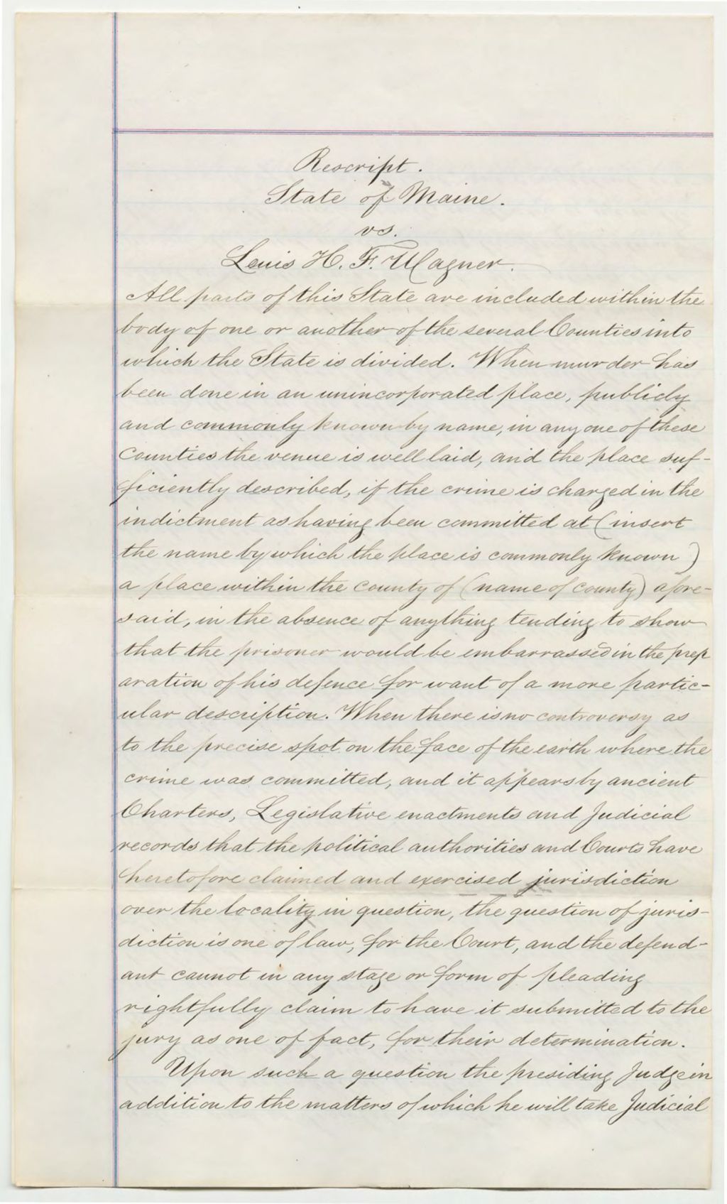 Miniature of Rescript State of Maine vs Louis H.F. Wagner
