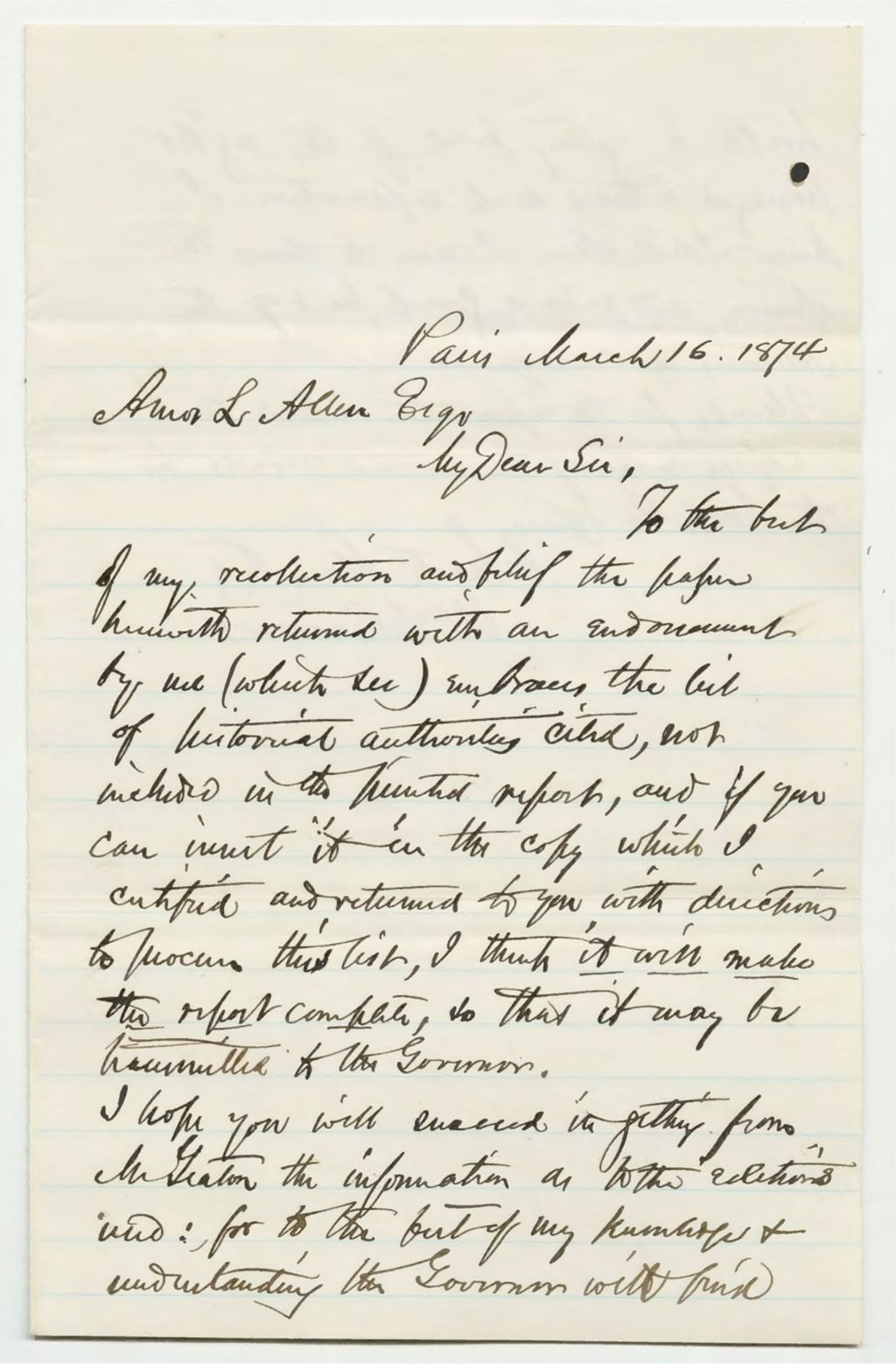 Miniature of letter from William Barrows to Amos L. Allen