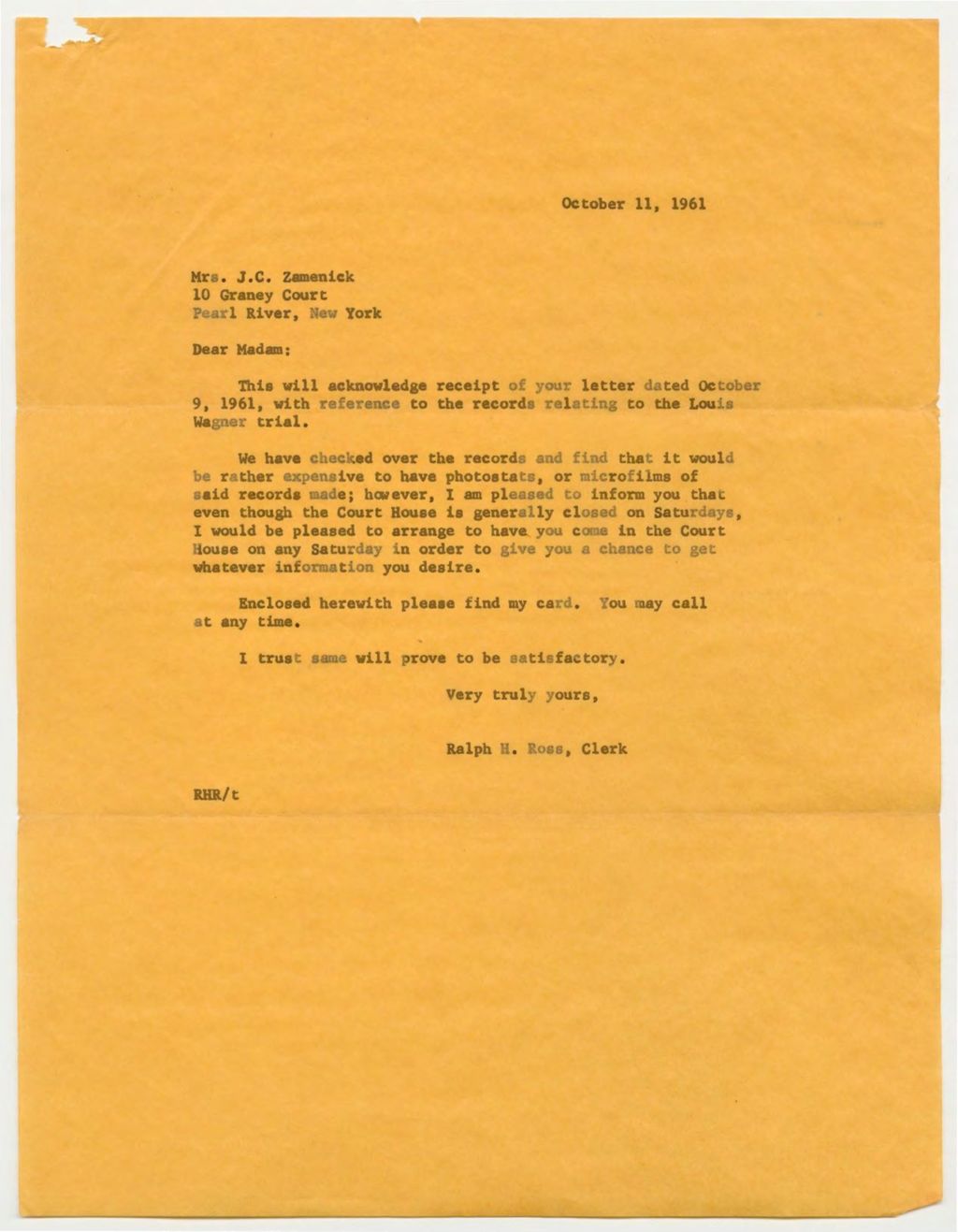 Miniature of letter from Ralph H. Ross to Jean F. Zamenick