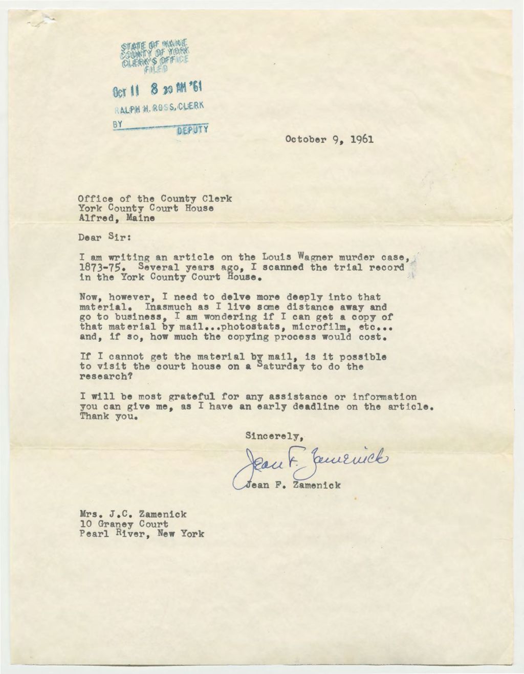 Miniature of letter from Jean F. Zamenick to Ralph H. Ross